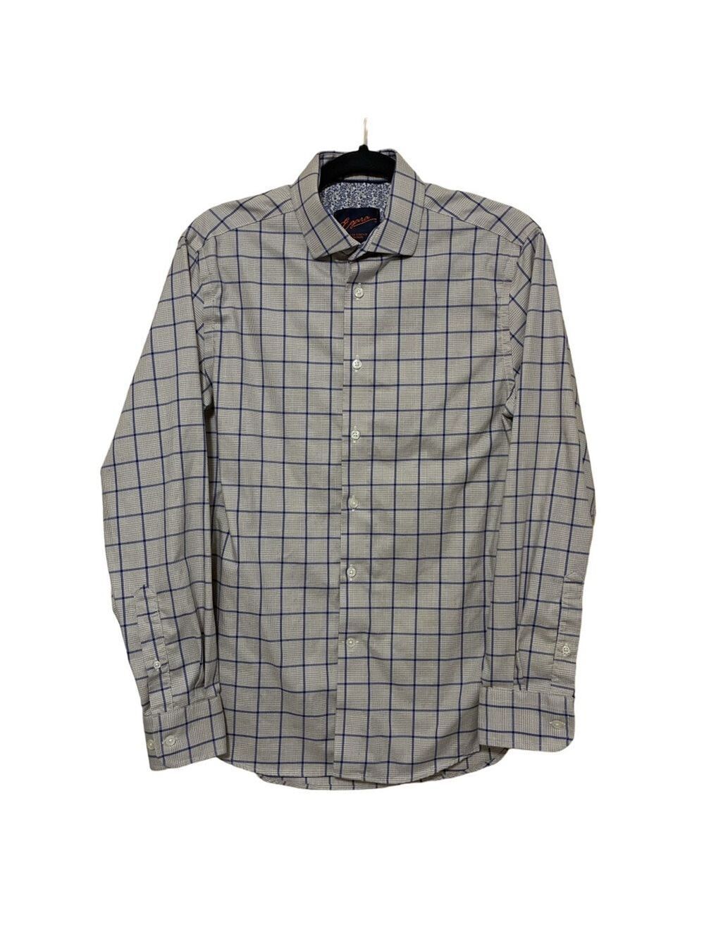 Egara Slim Fit Stretch Plaid Button Up Shirt Men’s M Beige Blue Non-Iron